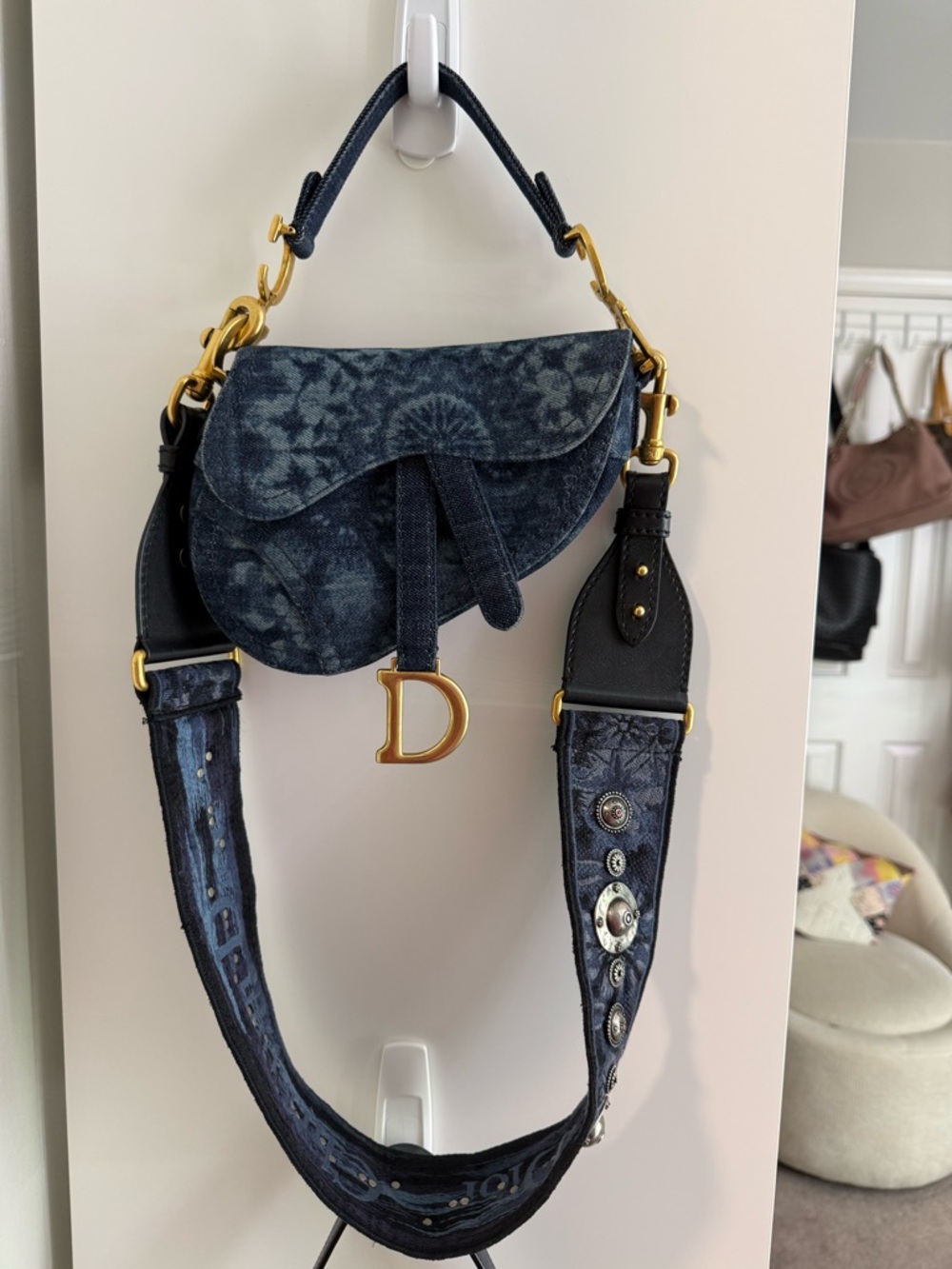 Dior Navy Denim Tie Dyed Saddle Mini Bag with Gold D Charm and Strap - Picture 16 of 16